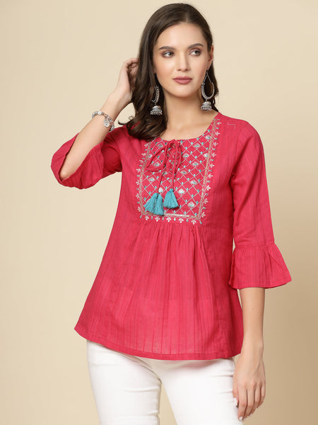 Women Ethnic Embroidered Tie-Up Neck Bell Sleeves Gathered Cotton Casual Top