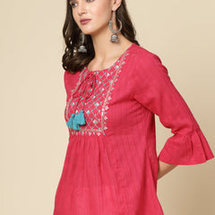 Women Ethnic Embroidered Tie-Up Neck Bell Sleeves Gathered Cotton Casual Top