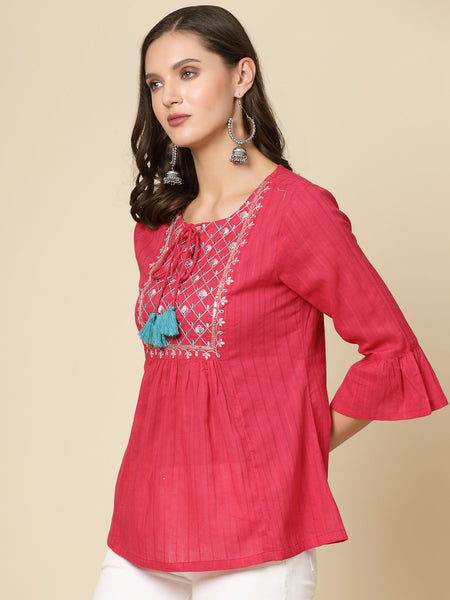 Women Ethnic Embroidered Tie-Up Neck Bell Sleeves Gathered Cotton Casual Top