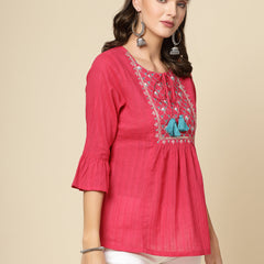 Women Ethnic Embroidered Tie-Up Neck Bell Sleeves Gathered Cotton Casual Top