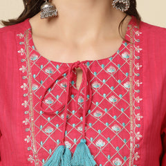 Women Ethnic Embroidered Tie-Up Neck Bell Sleeves Gathered Cotton Casual Top
