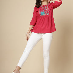 Women Ethnic Embroidered Tie-Up Neck Bell Sleeves Gathered Cotton Casual Top