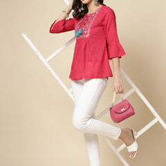 Women Ethnic Embroidered Tie-Up Neck Bell Sleeves Gathered Cotton Casual Top