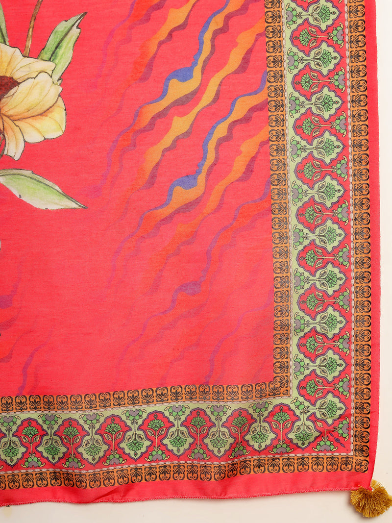 Women's Pink Embroidered Lehriya Kurta, Palazzo & Dupatta Set