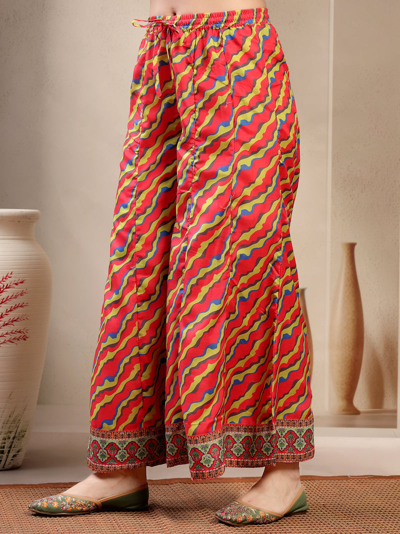 Women's Pink Embroidered Lehriya Kurta, Palazzo & Dupatta Set