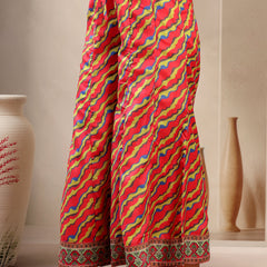 Women's Pink Embroidered Lehriya Kurta, Palazzo & Dupatta Set