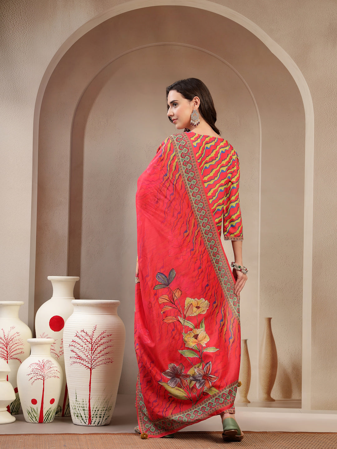 Women's Pink Embroidered Lehriya Kurta, Palazzo & Dupatta Set