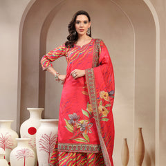 Women's Pink Embroidered Lehriya Kurta, Palazzo & Dupatta Set