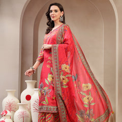 Women's Pink Embroidered Lehriya Kurta, Palazzo & Dupatta Set