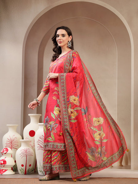 Women's Pink Embroidered Lehriya Kurta, Palazzo & Dupatta Set