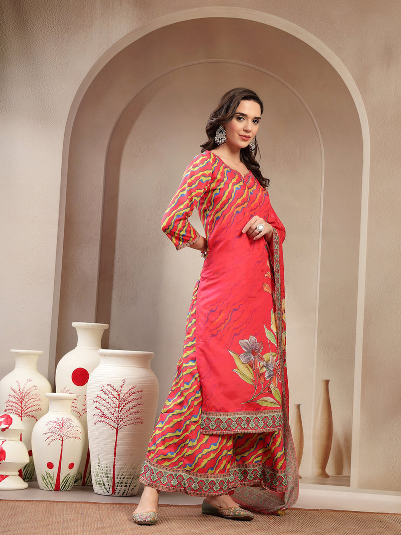 Women's Pink Embroidered Lehriya Kurta, Palazzo & Dupatta Set