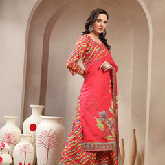 Women's Pink Embroidered Lehriya Kurta, Palazzo & Dupatta Set