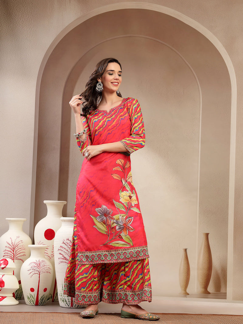 Women's Pink Embroidered Lehriya Kurta, Palazzo & Dupatta Set