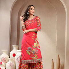 Women's Pink Embroidered Lehriya Kurta, Palazzo & Dupatta Set