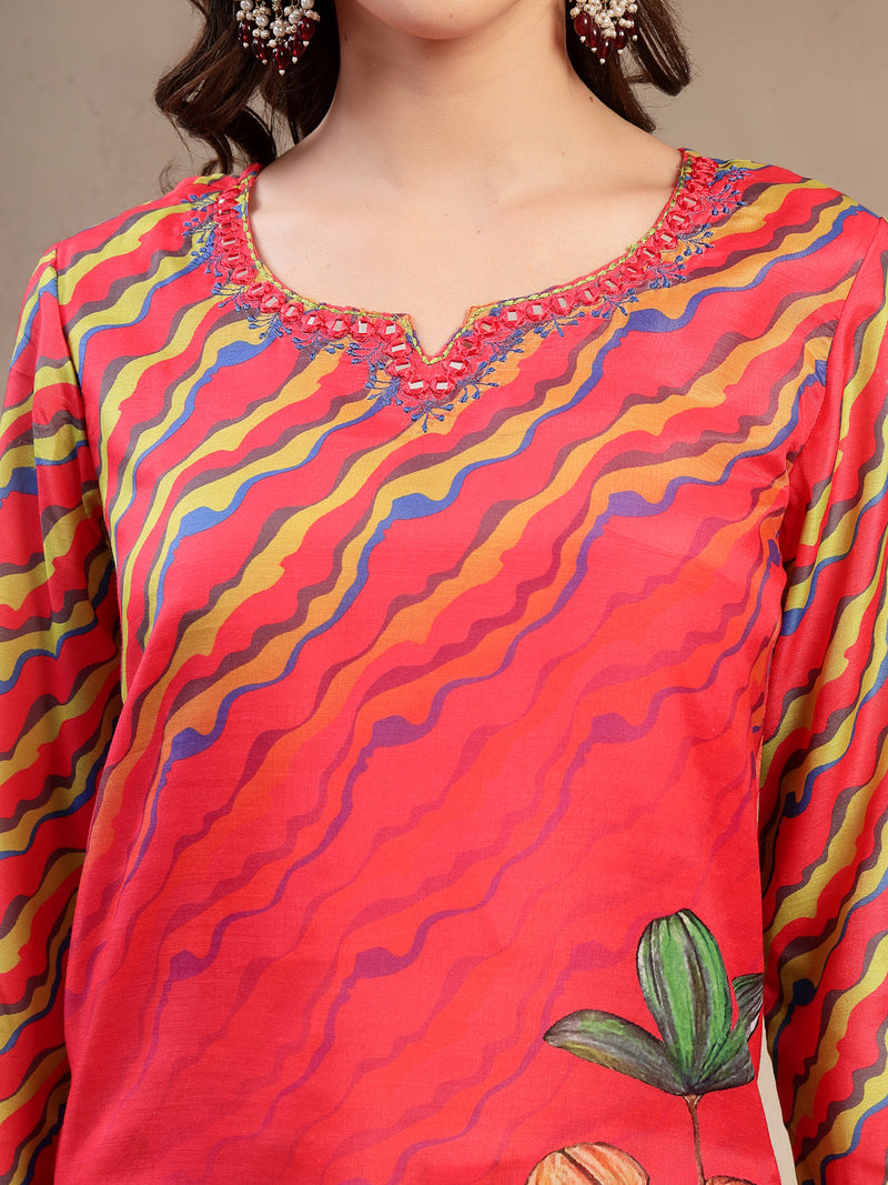 Women's Pink Embroidered Lehriya Kurta, Palazzo & Dupatta Set