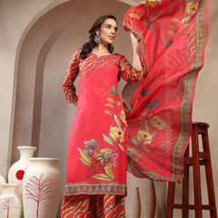 Women's Pink Embroidered Lehriya Kurta, Palazzo & Dupatta Set