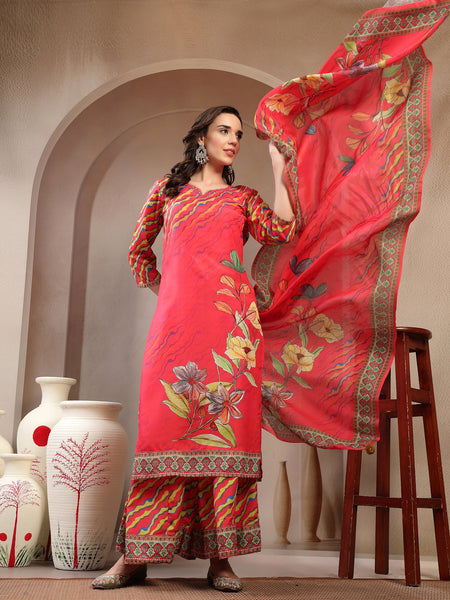 Women's Pink Embroidered Lehriya Kurta, Palazzo & Dupatta Set