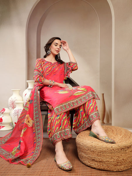 Women's Pink Embroidered Lehriya Kurta, Palazzo & Dupatta Set