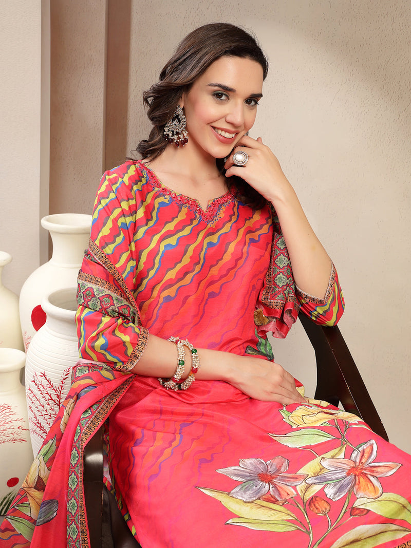 Women's Pink Embroidered Lehriya Kurta, Palazzo & Dupatta Set