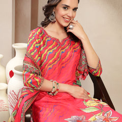 Women's Pink Embroidered Lehriya Kurta, Palazzo & Dupatta Set