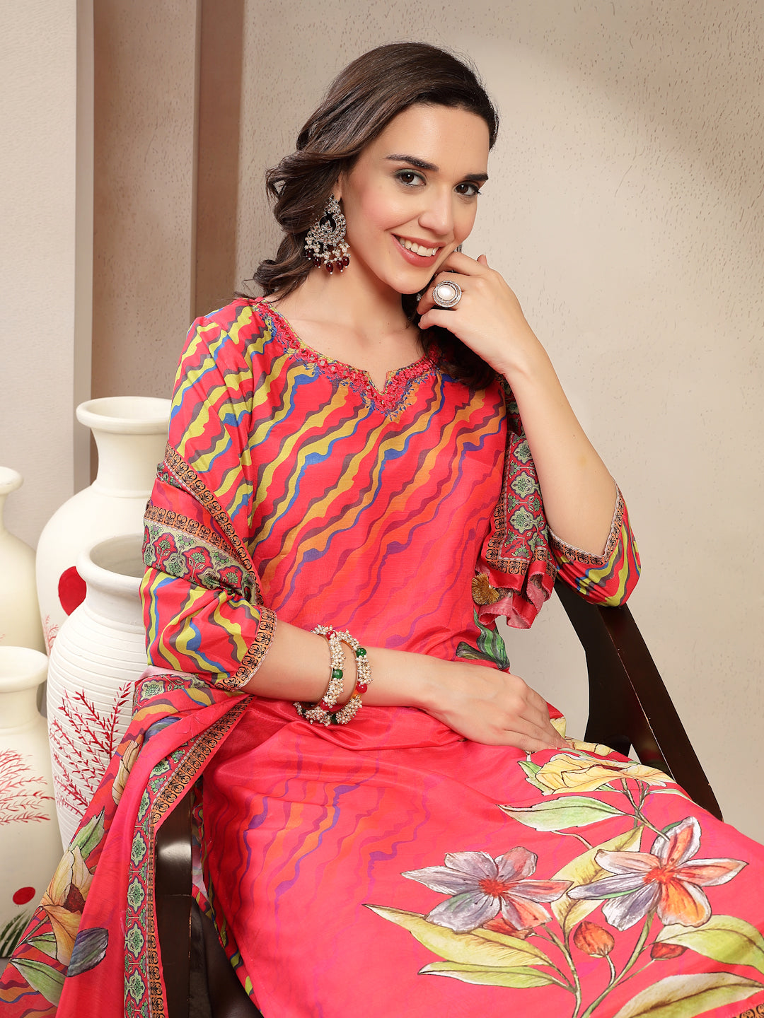 Women's Pink Embroidered Lehriya Kurta, Palazzo & Dupatta Set