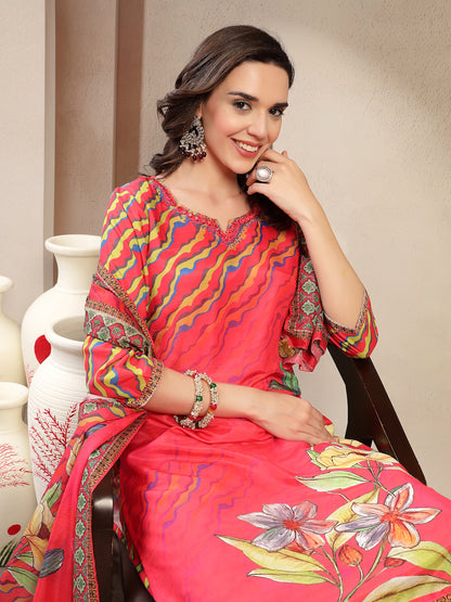 Women's Pink Embroidered Lehriya Kurta, Palazzo & Dupatta Set