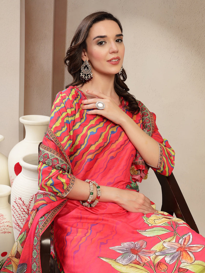 Women's Pink Embroidered Lehriya Kurta, Palazzo & Dupatta Set