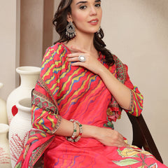 Women's Pink Embroidered Lehriya Kurta, Palazzo & Dupatta Set