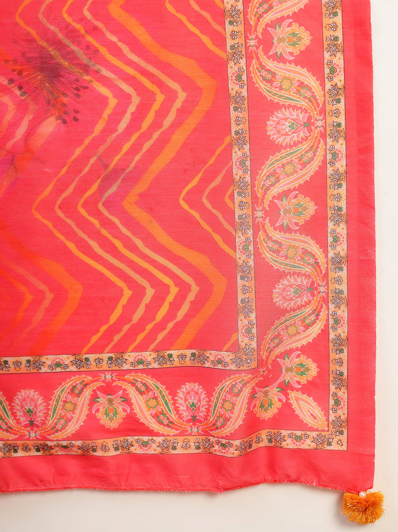 Women Orange Embroidered Lehriya Kurta Palazzo & Dupatta Set