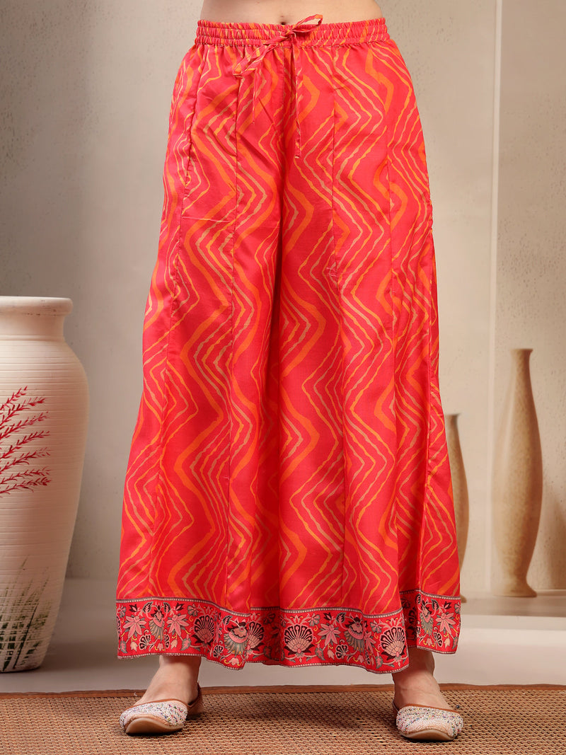 Women Orange Embroidered Lehriya Kurta Palazzo & Dupatta Set