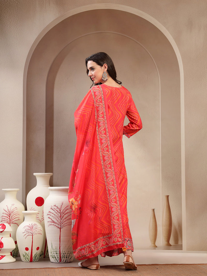 Women Orange Embroidered Lehriya Kurta Palazzo & Dupatta Set