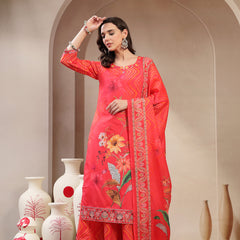 Women Orange Embroidered Lehriya Kurta Palazzo & Dupatta Set