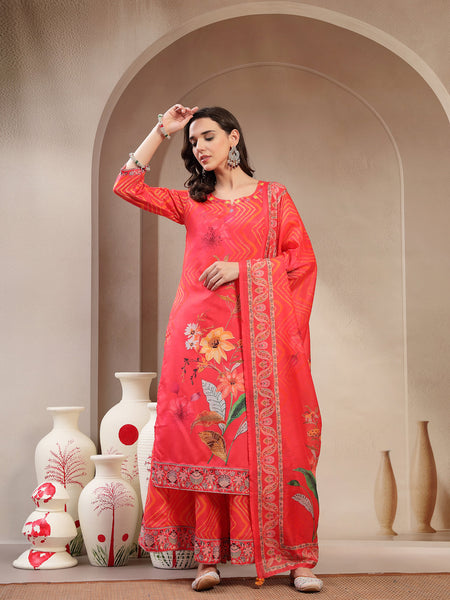 Women Orange Embroidered Lehriya Kurta Palazzo & Dupatta Set