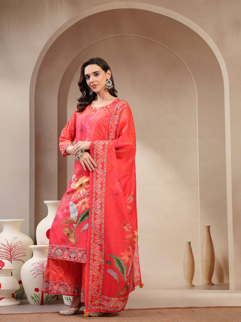 Women Orange Embroidered Lehriya Kurta Palazzo & Dupatta Set