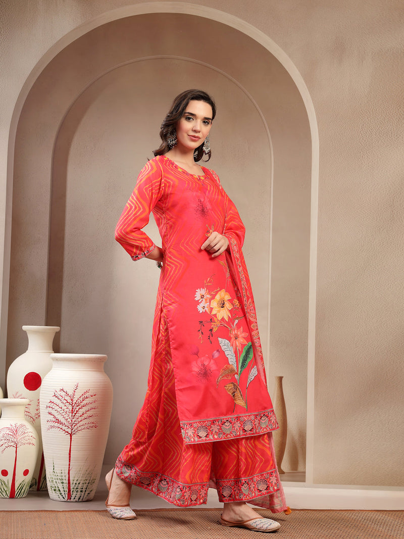 Women Orange Embroidered Lehriya Kurta Palazzo & Dupatta Set