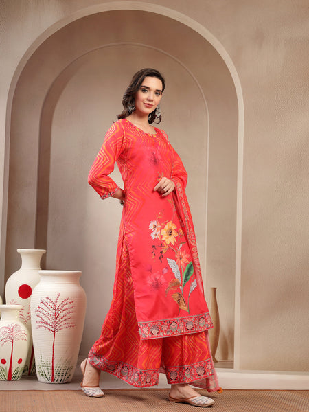 Women Orange Embroidered Lehriya Kurta Palazzo & Dupatta Set