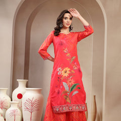 Women Orange Embroidered Lehriya Kurta Palazzo & Dupatta Set