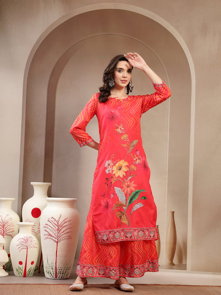 Women Orange Embroidered Lehriya Kurta Palazzo & Dupatta Set