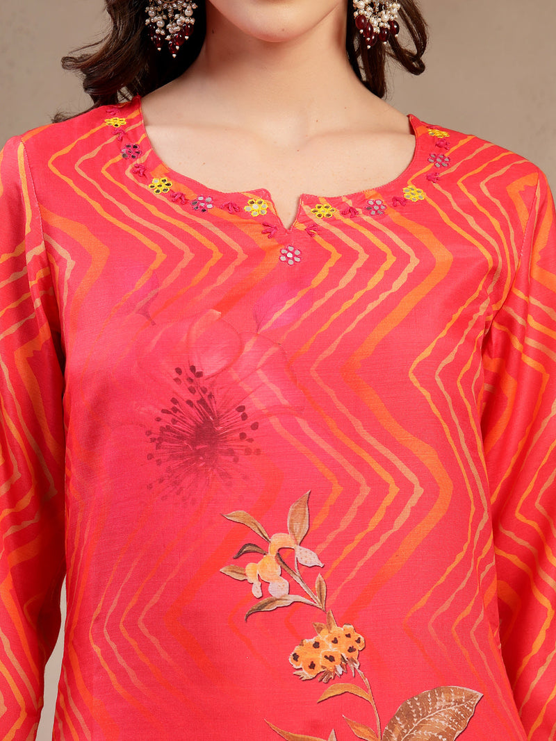 Women Orange Embroidered Lehriya Kurta Palazzo & Dupatta Set