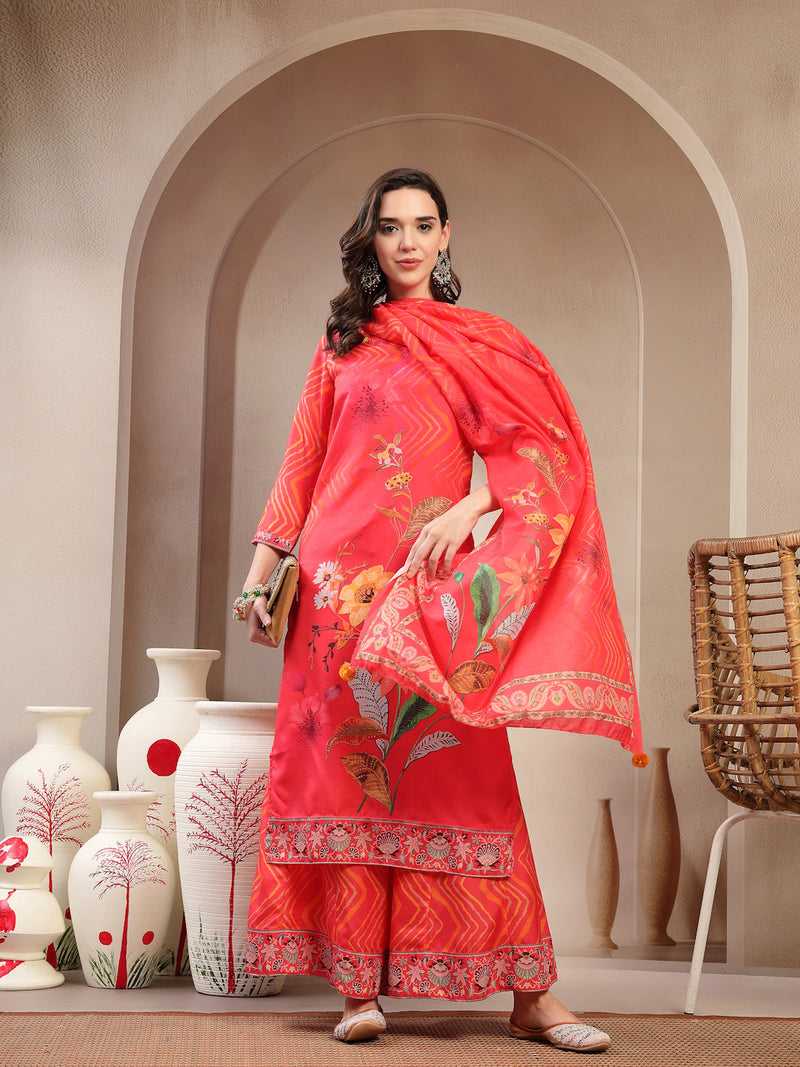 Women Orange Embroidered Lehriya Kurta Palazzo & Dupatta Set