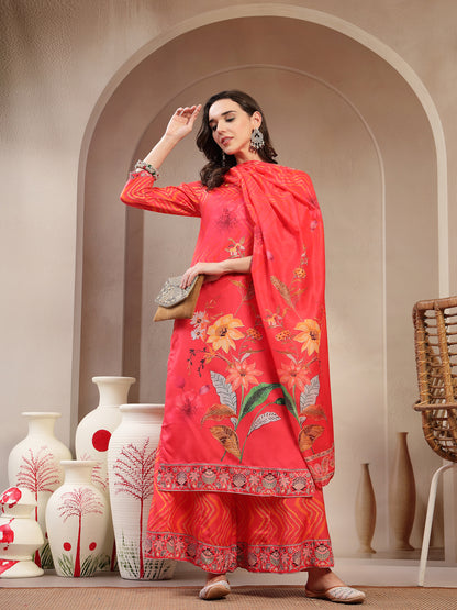 Women Orange Embroidered Lehriya Kurta Palazzo & Dupatta Set