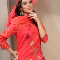 Women Orange Embroidered Lehriya Kurta Palazzo & Dupatta Set