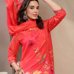 Women Orange Embroidered Lehriya Kurta Palazzo & Dupatta Set