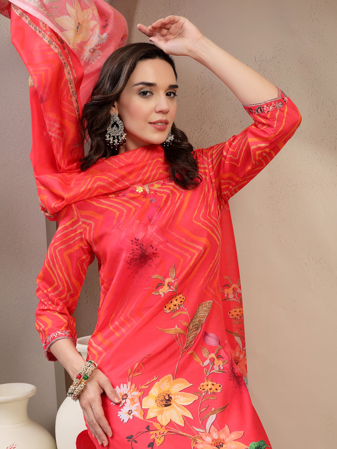 Women Orange Embroidered Lehriya Kurta Palazzo & Dupatta Set