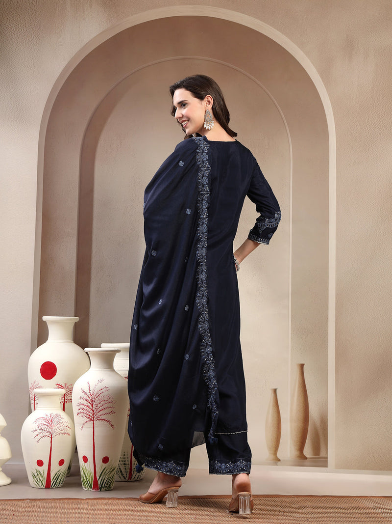 Women Blue Polyester Kurta Palazzo & Dupatta Set