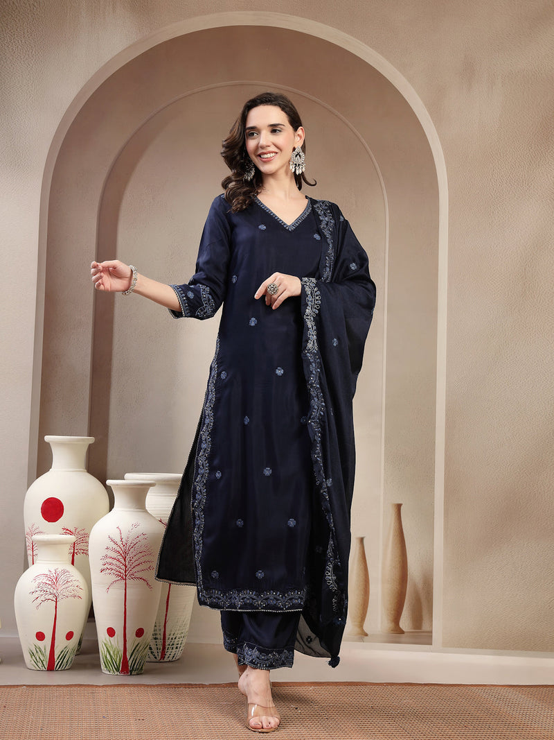 Women Blue Polyester Kurta Palazzo & Dupatta Set