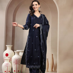 Women Blue Polyester Kurta Palazzo & Dupatta Set