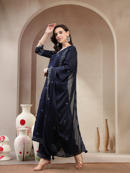 Women Blue Polyester Kurta Palazzo & Dupatta Set