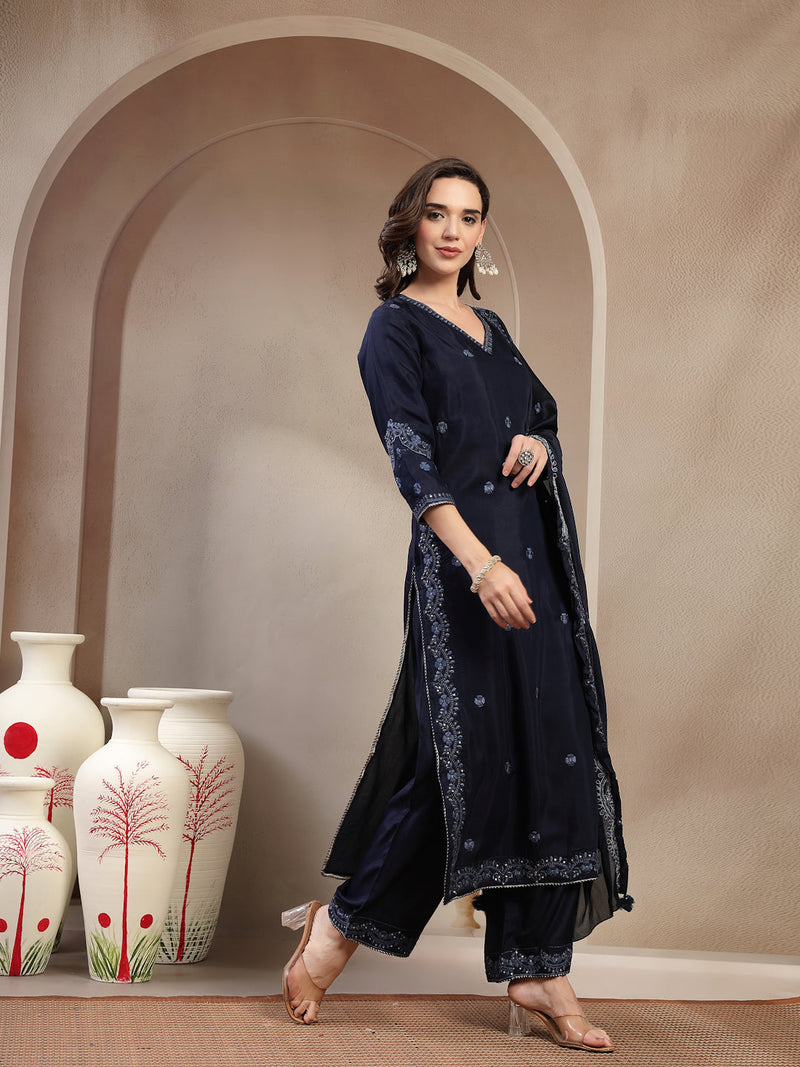 Women Blue Polyester Kurta Palazzo & Dupatta Set
