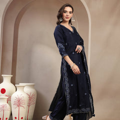 Women Blue Polyester Kurta Palazzo & Dupatta Set
